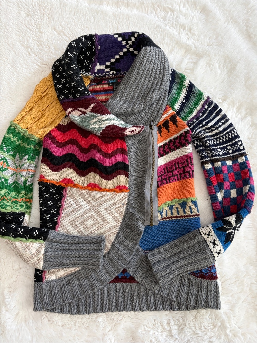 Desigual Multicolor Patchwork Zip-Up Sweater with Gray Trim,Size M. - Picture 17 of 17